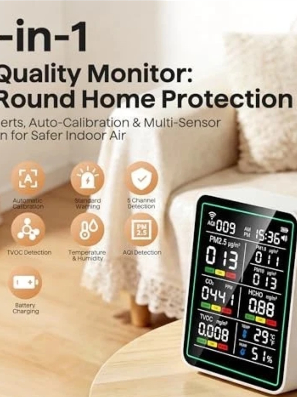 NEW Air Quality Monitor Indoor 10-in 1 Smart Tester CO2 TVOC HCHO Temp AQI for